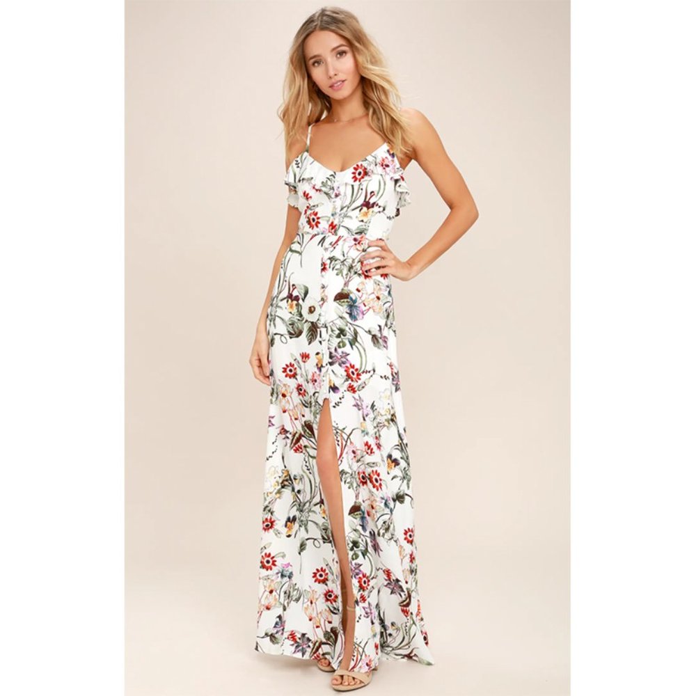 NWT Lulu's Bloom On Ivory Floral Ruffle Maxi Dress